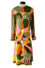 Fantastic 1960s Emilio Pucci Green Pink Coral & Orange Abstract Print Silk Jersey Dress