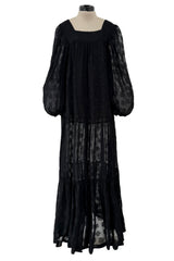 Chic c.1973 Yves Saint Laurent Black Gauzy Feeling Silk Chiffon Dress w Pattern & Full Sleeves