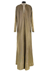 Wonderful 1970s Halston Metallic Gold Lame Lurex Full Length Caftan Dress w Notched Neckline