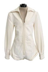 Fabulous Late 1970s Mini Ted by Ted Lapidus Ivory Playsuit w Front Zipper & Rhinestone Trim