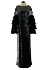 Beautiful 1980s Louis Feraud Glossy Black Sequin Silk Chiffon Dress w Tiered & Ruffled Sleeves