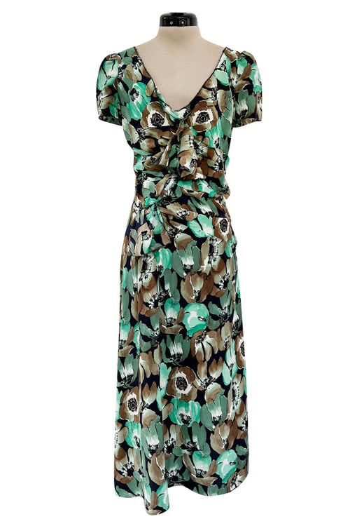 Prettiest 2019/2020 Prada 40s Inspired Lightweight Silk Dress w Green Floral Print & Ruffled Details
