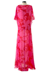 Dreamiest 1990s Yves Saint Laurent Oversized Floral Print Pink & Red Silk Chiffon Caftan Dress