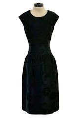 Amazing 1960s Unlabelled Christian Dior by Marc Bohan Black Silk Brocade Shift Dress w Floral Pattern