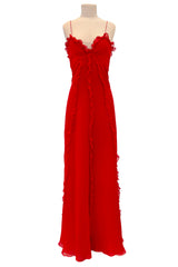 Magical 1990s Bill Blass Perfectly Minimalist Bias Cut Red Silk Chiffon Dress w Tiny Ruffle Detailing