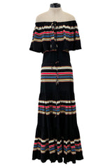 Spring 1977 Christian Dior by Marc Bohan Black Cotton Jersey Striped Off Shoulder Ruffled Dress