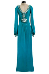 Stunning Spring 1971 Loris Azzaro Deep Turquoise Silk Jersey Dress w Densely Beaded Plunging Front Detail
