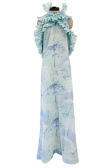 Dreamy Spring 1974 Lanvin by Jules-Francois Crahay Pale Blue Print Silk Chiffon Ruffle Dress