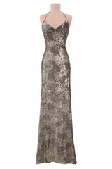 Fall 2015 Ralph Lauren Purple Label Runway Finale Look 43 Bronze Sequin Halter Dress w Open Back