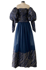 Rare Fall 1986 Chanel by Karl Lagerfeld Runway Blue & Gold Silk Strapless Dress w Removable Sleeves