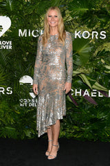 Spring 2018 Michael Kors Runway Look 72 Silver Sequin Dress on Nude Stretch Net w Asymmetrical Hem