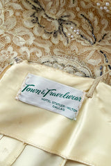 Fabulous 1950s Unlabeled Pearl, Bead & Feather Detailed Yellow Lace Dress w Matching Cape