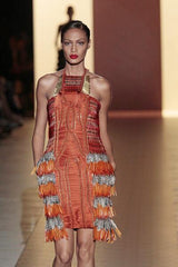 Iconic Spring 2011 Gucci by Frida Giannini Runway Look 41 Burnt Orange Silk Cord, Brass & Feather Dress