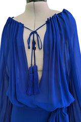 Superb Spring 2013 Yves Saint Laurent Hedi Slimane Debut Runway Blue Dress Silk Chiffon w Matching Cape & Sash
