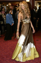 Phenomenal Spring 2005 Original Valentino Runway Look 56 Brown Yellow Floral Print Halter Dress w Sequin Waist Band