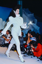Ultra Rare Fall 1986 Thierry Mugler Ad / Runway Pale Ice Blue Suit w Faux Fur Cuffs & Collar