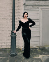 Fall 1984 Christian Dior by Marc Bohan Haute Couture Runway Black Velvet Dress w Wide Neckline