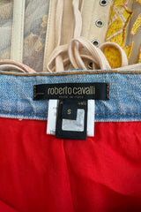Very Rare Spring 2003 Roberto Cavalli Printed Silk & Net Boned Corset & Red Sequin Mini Skirt Set