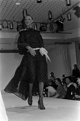 Spring 1978 Yves Saint Laurent Runway & Ad Campaign Off Shoulder Silk Chiffon Dot Dress