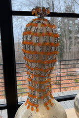 Ultra Rare 1990s Paco Rabanne Haute Couture Metallic Silver & Coral Dress w Chainlink Top & Headpiece