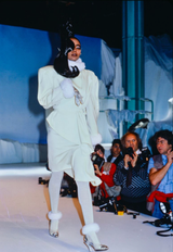 Ultra Rare Fall 1986 Thierry Mugler Ad / Runway Pale Ice Blue Suit w Faux Fur Cuffs & Collar