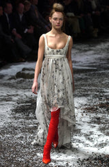 Important Fall 2003 Alexander McQueen 'Scanners" Runway Look 55 White Silk Corset Dress w Silver Sequins & Embroidery