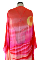 Incredible Spring 1978 Hanae Mori Brilliant Pink & Coral Sunset & Floral Caftan Dress & Cape Overlay