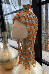 Ultra Rare 1990s Paco Rabanne Haute Couture Metallic Silver & Coral Dress w Chainlink Top & Headpiece