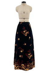 Incredible c. 1972 Original Valentino Three Piece Acorn Print Silk Top, Velvet Skirt & Jacket Set