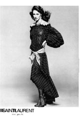 Spring 1978 Yves Saint Laurent Runway & Ad Campaign Off Shoulder Silk Chiffon Dot Dress