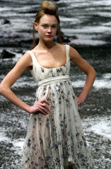 Important Fall 2003 Alexander McQueen 'Scanners" Runway Look 55 White Silk Corset Dress w Silver Sequins & Embroidery