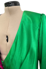 Incredible Spring 1990 Yves Saint Laurent Runway Brilliant Green Jacket w Pink Lining & Black Skirt Set