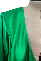 Incredible Spring 1990 Yves Saint Laurent Runway Brilliant Green Jacket w Pink Lining & Black Skirt Set
