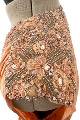 Documented 1960s Tiziani Couture by Karl Lagerfeld Peach Silk Plunge Dress w Matching Feather Cape