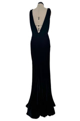 Unlabeled 1940s Black Bias Cut Silk Velvet Dress w Low Plunging Back