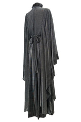 Spectacular 1970s Gina Fratini Metallic Deep Silver Lame Dress w Ruffle Collar & Angel Sleeves