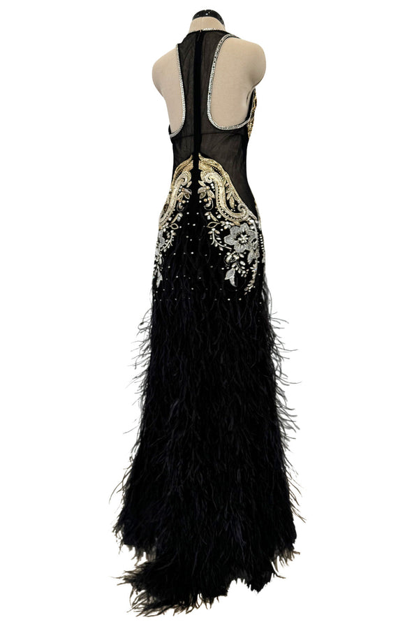 Amazing 2015 Roberto Cavalli Gold bead &sequin embellished silk and silk netFeather Dress