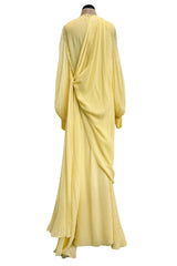 Exceptional 1970s George Stavropoulos Pale Yellow Bias Cut Silk Chiffon Caftan Dress w Attached Panel