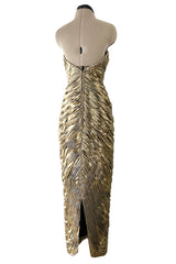 1989 Vicky Tiel Couture Metallic Gold Lame Gathered & Draped Strapless Dress
