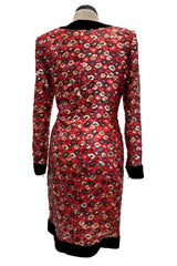 Spectacular Fall 1990 Givenchy Red Silk Organza Button Dress w Sequins & Velvet Trim &