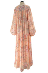 Incredible 1970s Hanae Mori Floral & Butterfly Peach Silk Chiffon Dress w Balloon Sleeves & Beading