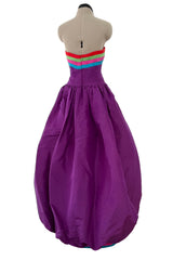 Fall 1982 Valentino by the Original Mr Valentino Purple Silk Strapless BubbleDress w Rainbow Detailing