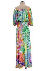 Prettiest 1970s Leonard Washed Floral Pastel Print Silk JerseyEasy -to-Wear Elastic Off Shoulder Dress