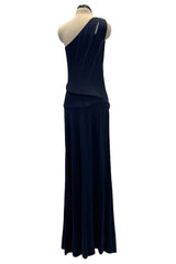 Minimalist 1990s Geoffrey Beene Deep Blue Silk Jersey One Shoulder Dress w Cut Out Details