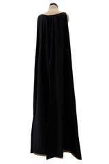 Striking Fall 1976 Chloe by Karl Lagerfeld Runway Documented Black Silk & Metallic Gold Caped Back Panel Dress