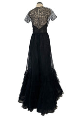 Spectacular Spring 1992 Oscar de la Renta Extremely Fine Black Lace Dress w Tiered Ruffled Full Skirt
