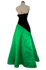 Fall 1987 Arnold Scaasi Black Strapess Velvet & Green Full Skirt Silk Dress