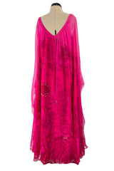 Dreamy 1970s Hanae Mori Pink Layered Bias Cut Silk Chiffon Caftan Dress w Floral Print