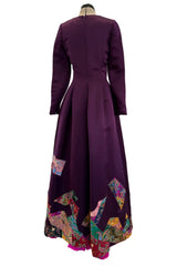 Fall 2002 Oscar de la Renta Runway Look 50 Deep Purple Silk Dress w Hand Applied Patchwork