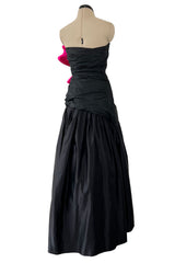 Fall 1982 Arnold Scaasi Couture Runway Black Silk Strapless Dress w Pink Ruffle